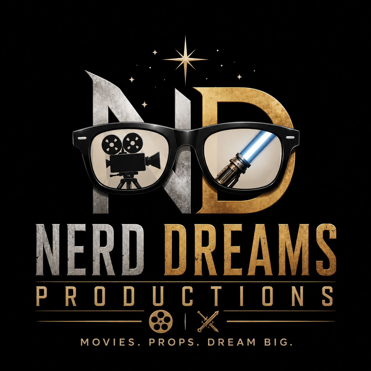 Logo for Nerd Dreams Productions featuring a movie camera silhouette, star glasses with a lightsaber and film reel, and text that says 'Nerd Dreams Productions' with the tagline 'Movies. Props. Dream Big.'