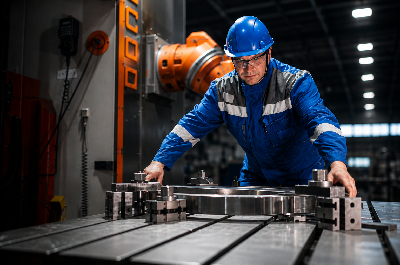 Manufacturing worker operating industrial machinery in a factory production environment.