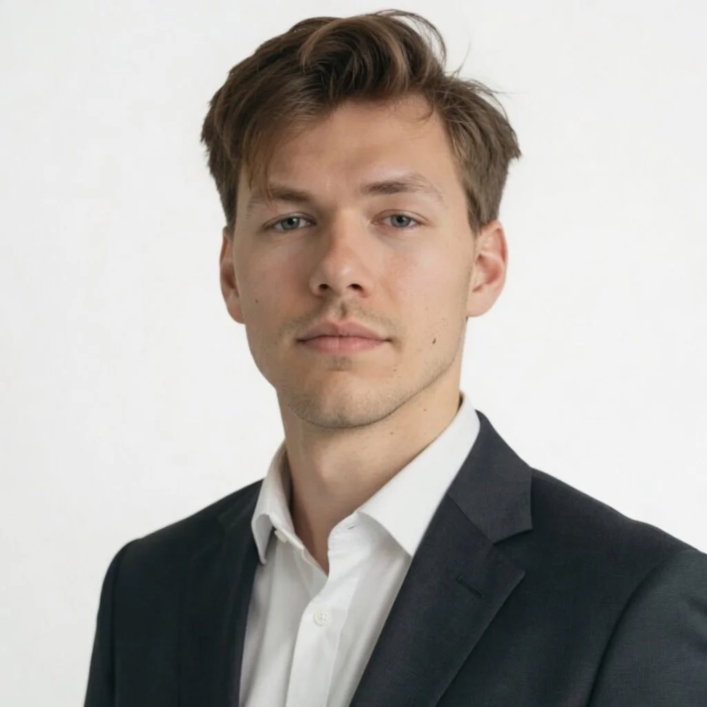 Vamsi Dyjecinski with light brown hair, blue eyes, and fair skin wearing a white shirt and a dark suit jacket, posing against a plain white background.