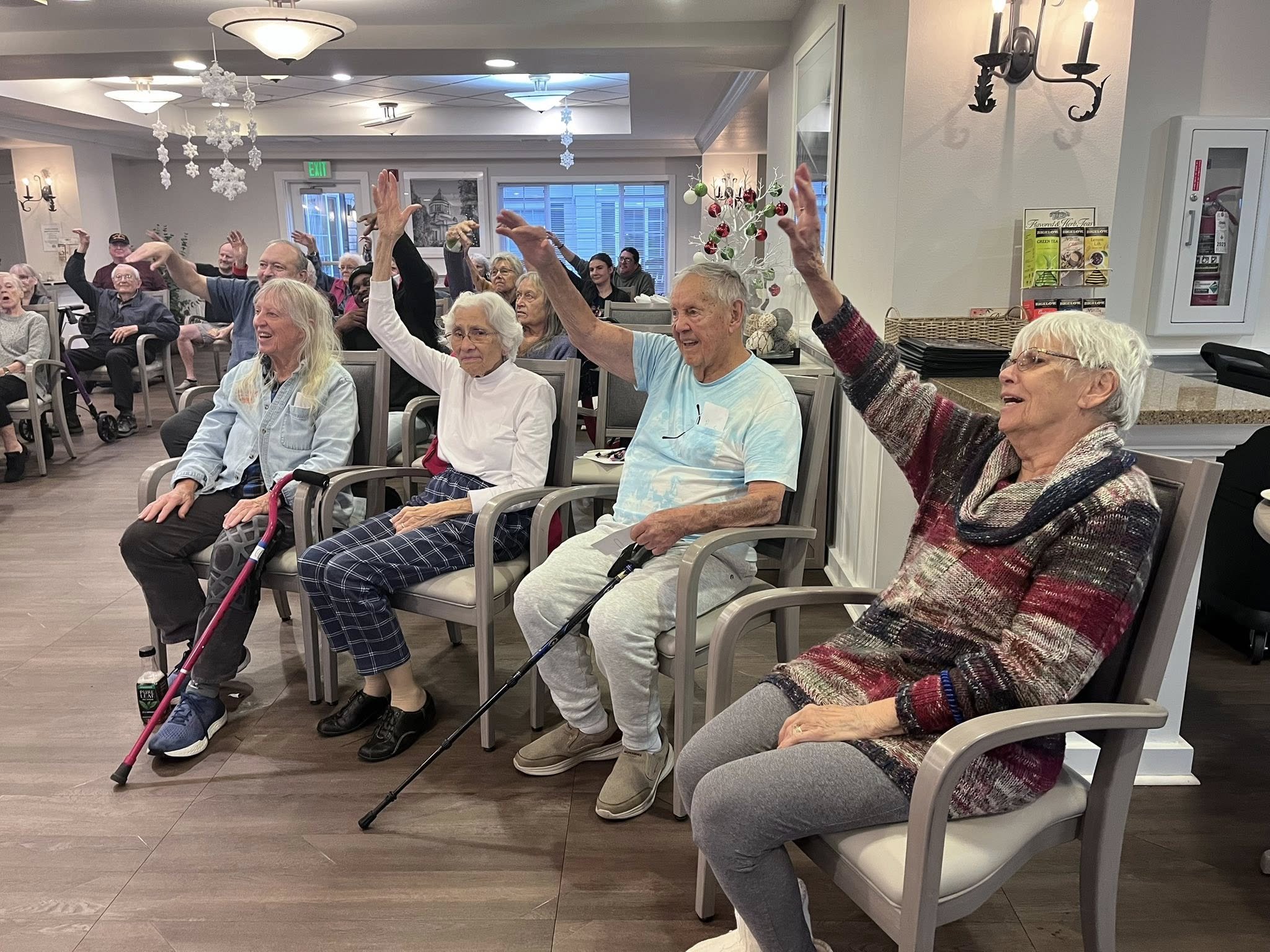 A group of elderly people sitting in chairs inside a room, raising their hands, some smiling and engaged in an activity. Decor includes snowflake ornaments hanging from the ceiling and a small tree with ornaments on a table nearby. There is a fire extinguisher in a glass case on the wall.