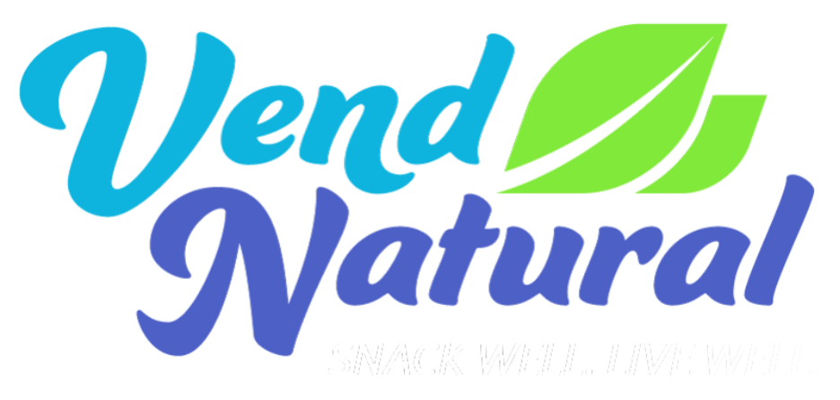 Logo for 'Vend Natural' featuring a green leaf with the slogan 'Snack Well. Live Well.'