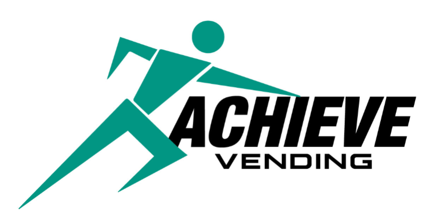 Logo for Achieve Vending featuring a stylized running figure and bold black text