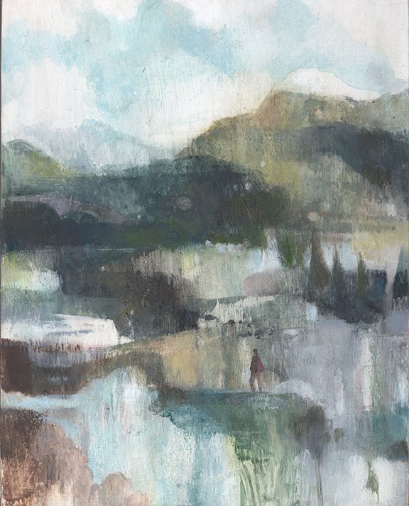 Walking the line. Gouache on wood panel, 8 x 10in. 