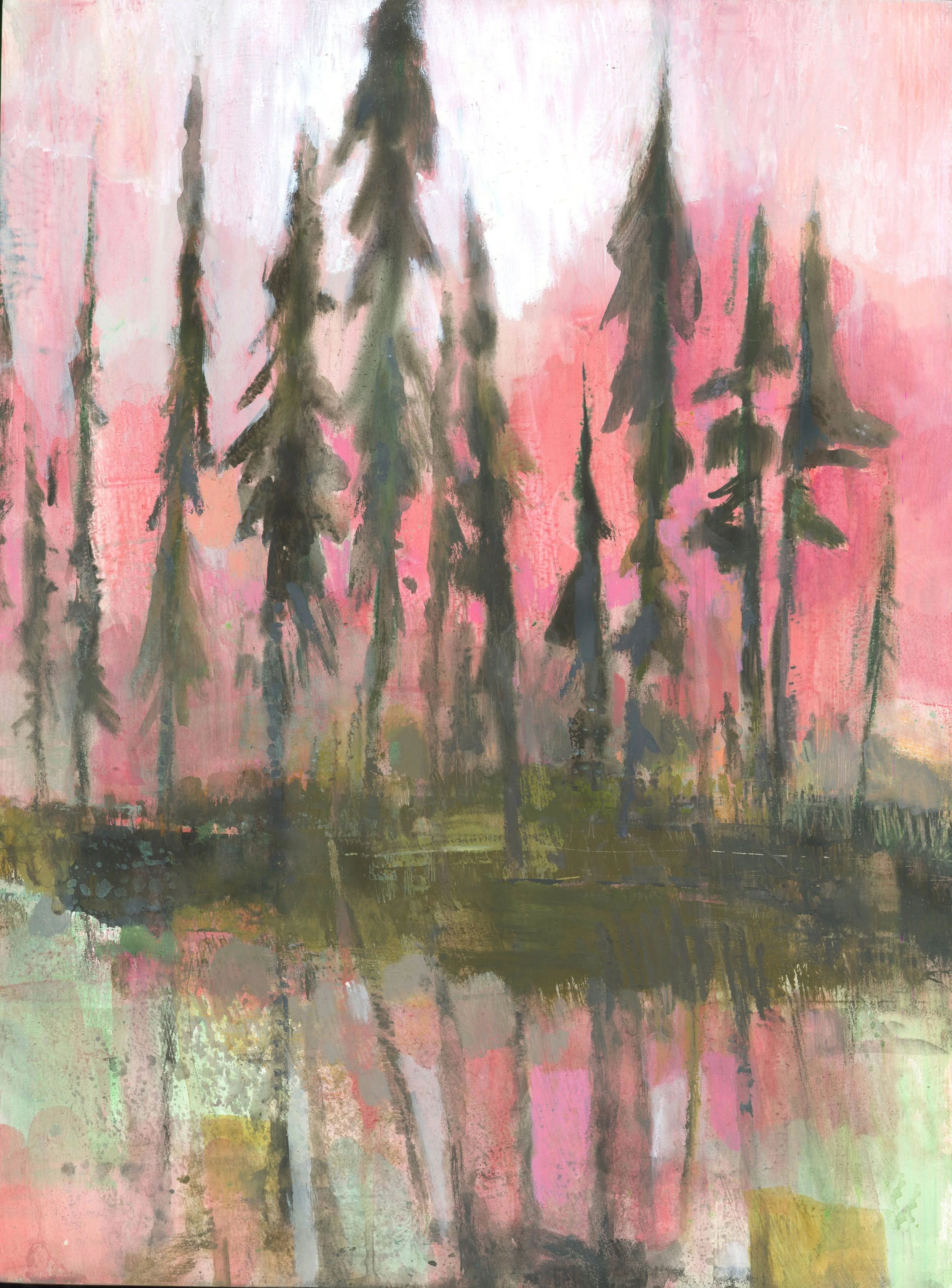 Pine Reflection.
Gouache on wood panel, 12 × 16 in.