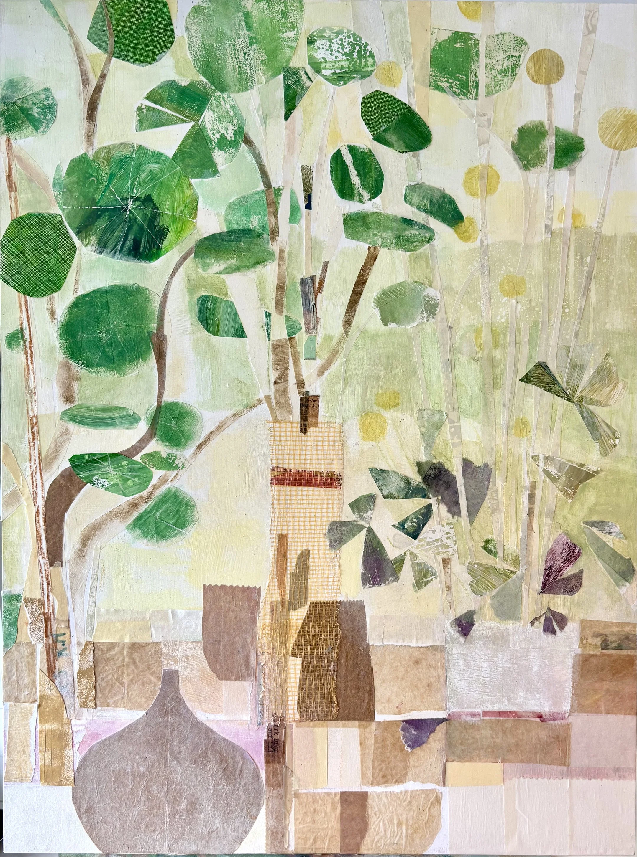 Pilea.
Gouache and collage on wood panel, 8 × 10 in.
