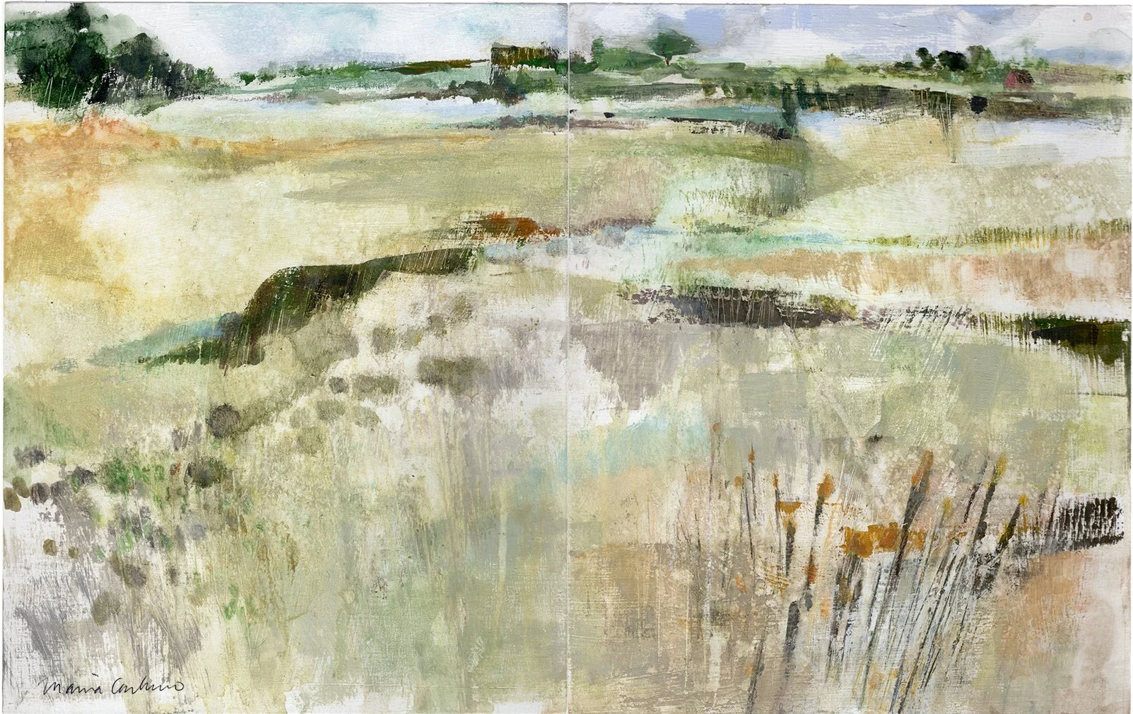 Path to the Stream (diptych).
Gouache on wood panel, 10 × 16 in.
