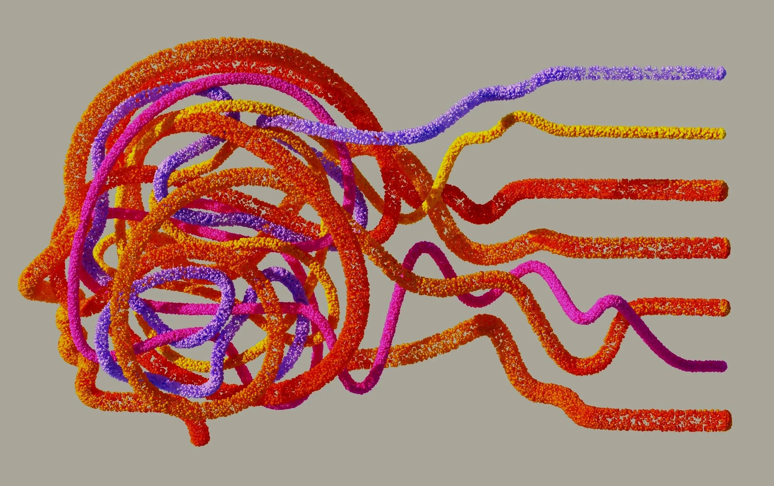Colorful tangled strings resembling a mathematical or scientific illustration on a gray background.