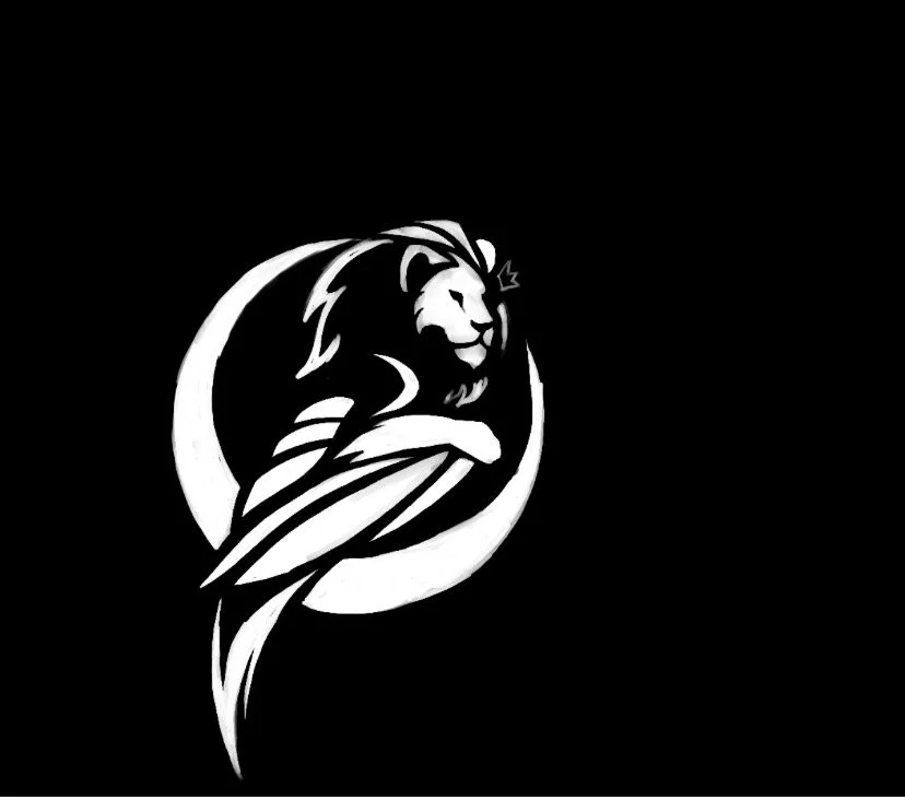 Stylized monochrome lion's head logo on black background, with a crescent moon behind