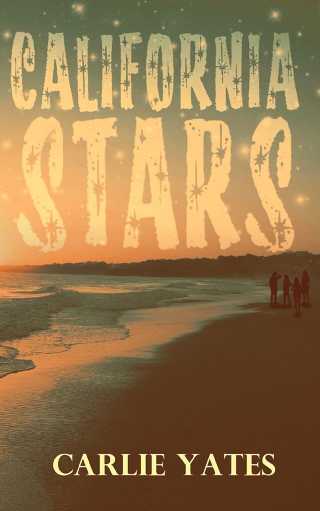 California Stars book cover shows a beach at sunset with four people in the background talking.