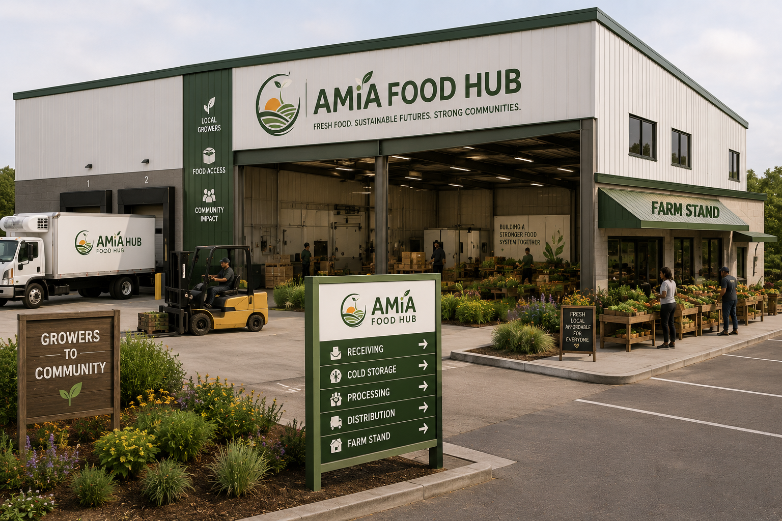 Exterior of AMÍA Food Hub, a large warehouse-style building with a farm stand outside, displaying fresh produce. There are people shopping, a delivery truck, a forklift, and signs indicating farming and community support.