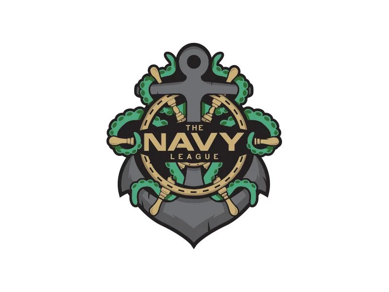 Logo for the Navy League featuring an anchor surrounded by a rope, with green tentacles, and the text "The Navy League".