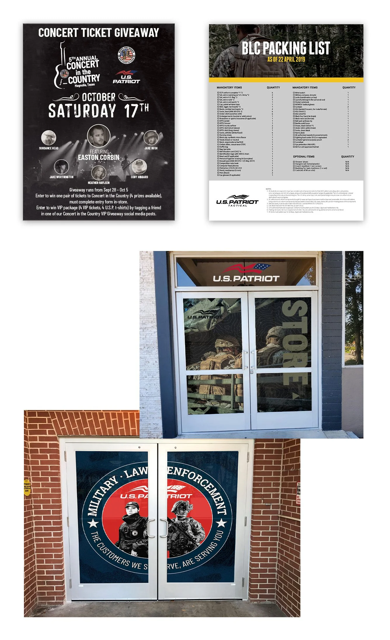 The image features two doors with military-themed logos and signage for U.S. Patriot Tactical. The door at the top is a glass door with soldiers visible inside, and the lower door is windowed with a circular logo featuring two soldiers and the words "Military Law Enforcement."