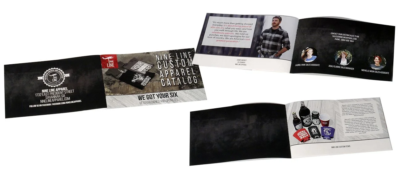 A tri-fold brochure for Nine Line Apparel displaying their logo, contact information, a catalog of custom apparel, and images of clothing and merchandise.