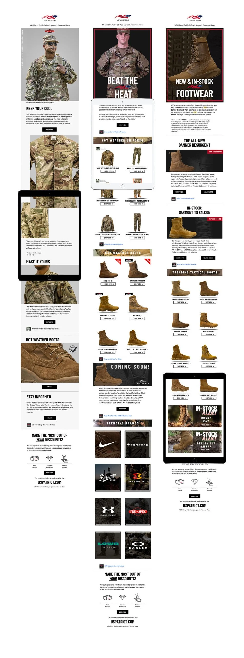 A comprehensive online advertisement for military and tactical gear, featuring soldiers in camouflage, tactical boots, and gear, with sections promoting footwear, uniforms, discounts, and trending brands.