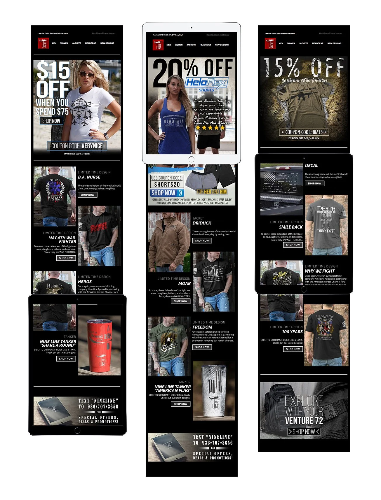 Collection of digital advertisements and promotional banners for a clothing brand, featuring discounts, product images like shirts, jackets, and accessories, with promotional codes and call-to-action buttons.