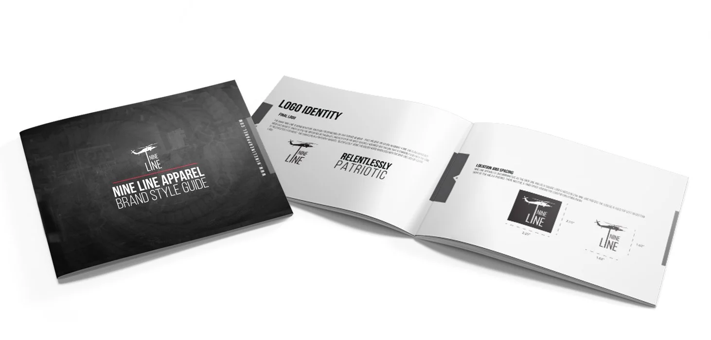 Brand style guide booklet for Nine Line Apparel featuring a black cover with a helicopter logo and the title, alongside an open pages showcase logo identity details and design specifications.