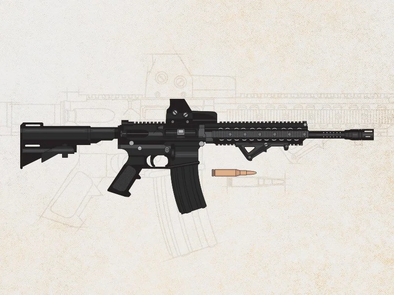 An illustration of a modern rifle with a scope, black body, and orange bullet.