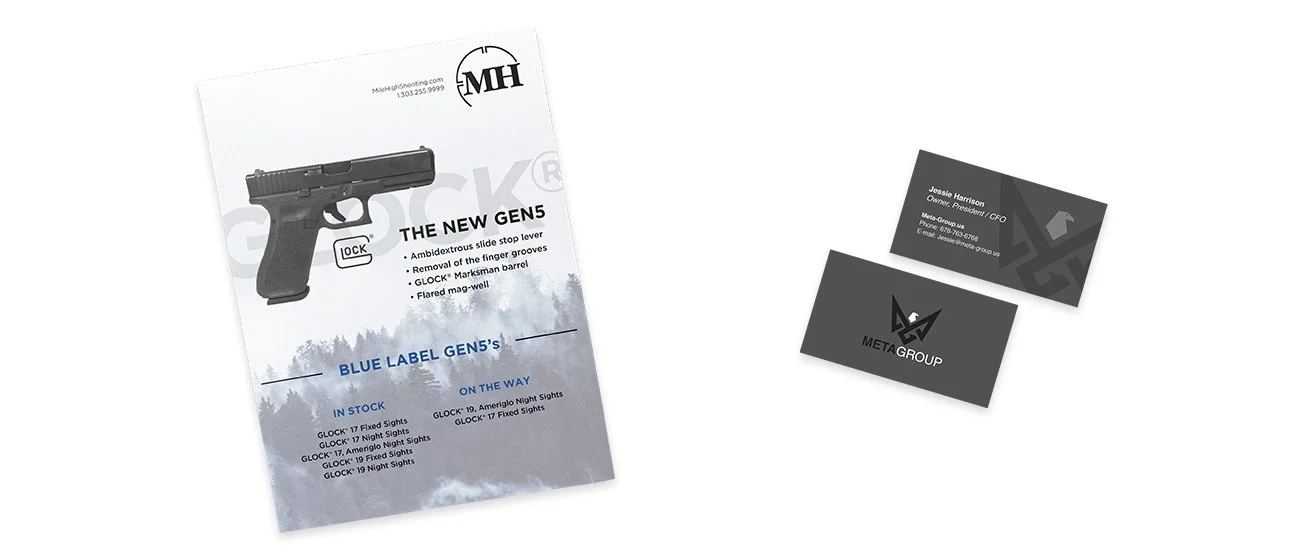 Marketing flyer for Glock handguns with information about new Gen5 model and available sight options, alongside two business cards for Metagroup and another company.