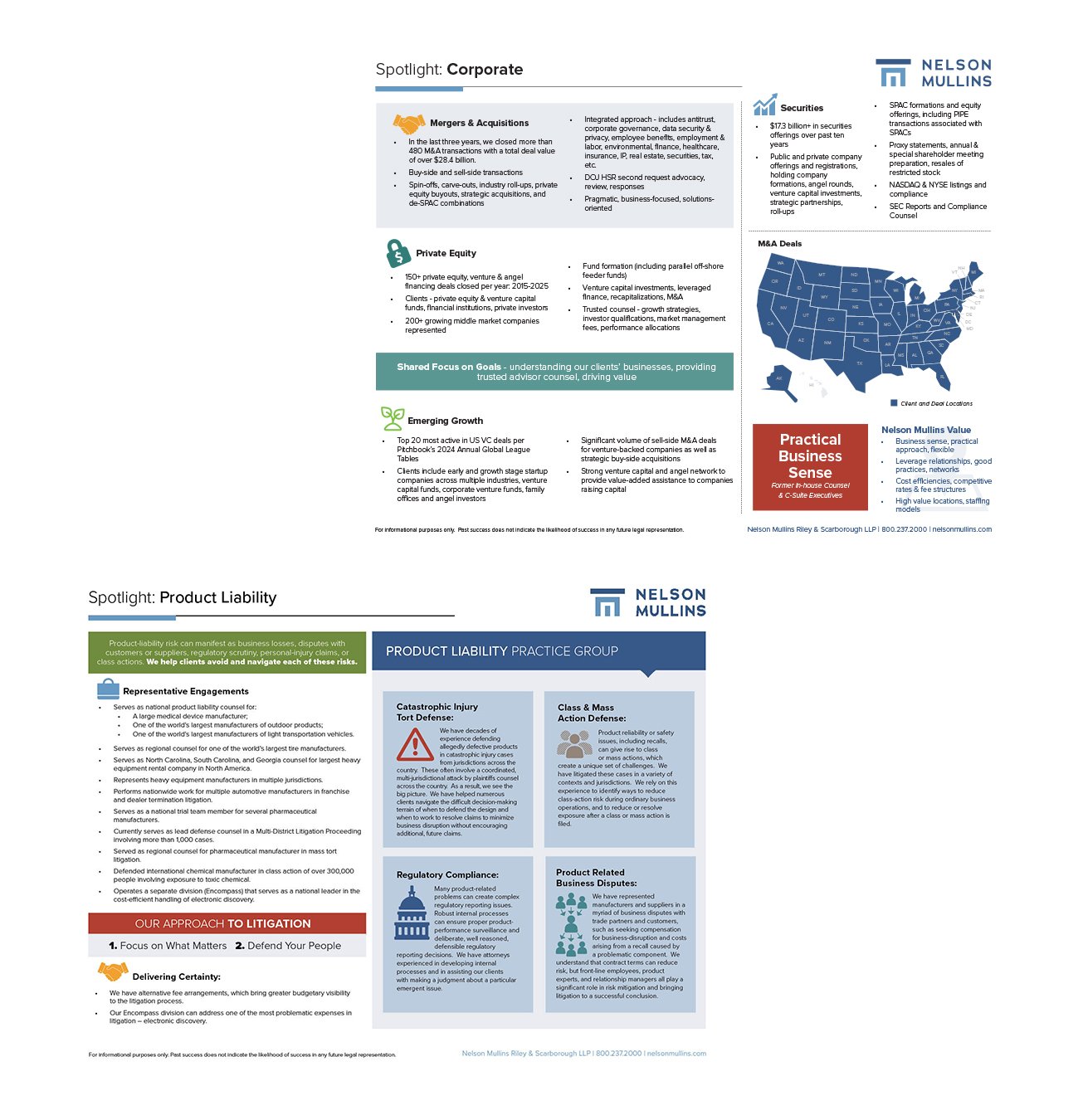 Page from a corporate marketing document with sections about mergers, private equity, growth, securities, M&A deals, and product liability with color-coded infographics and text.