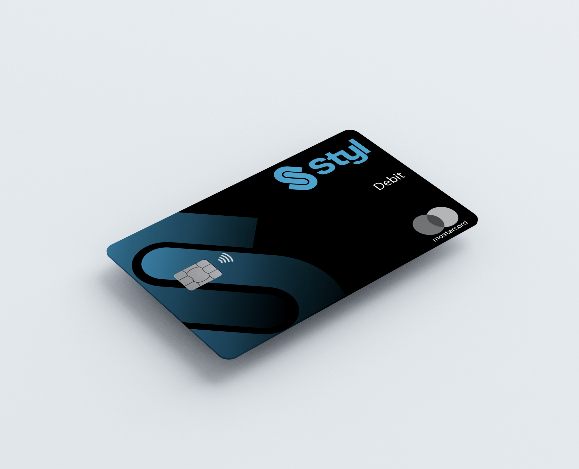 A black credit card with the logo 'stjy' and a Mastercard logo, partly visible on a light grey surface.