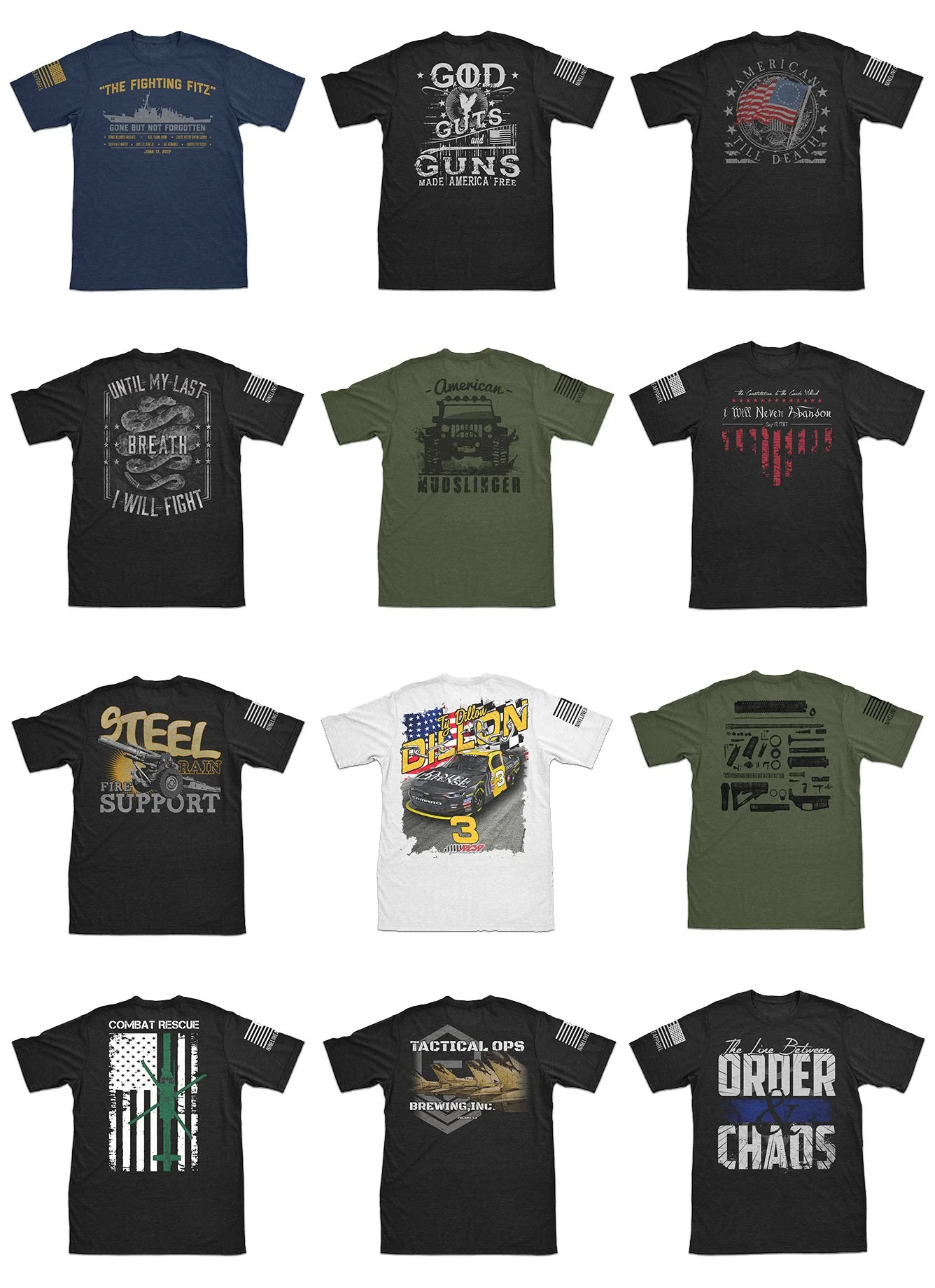 Collection of nine T-shirts with patriotic, military, and vehicle-themed graphics and slogans shown in 3 rows