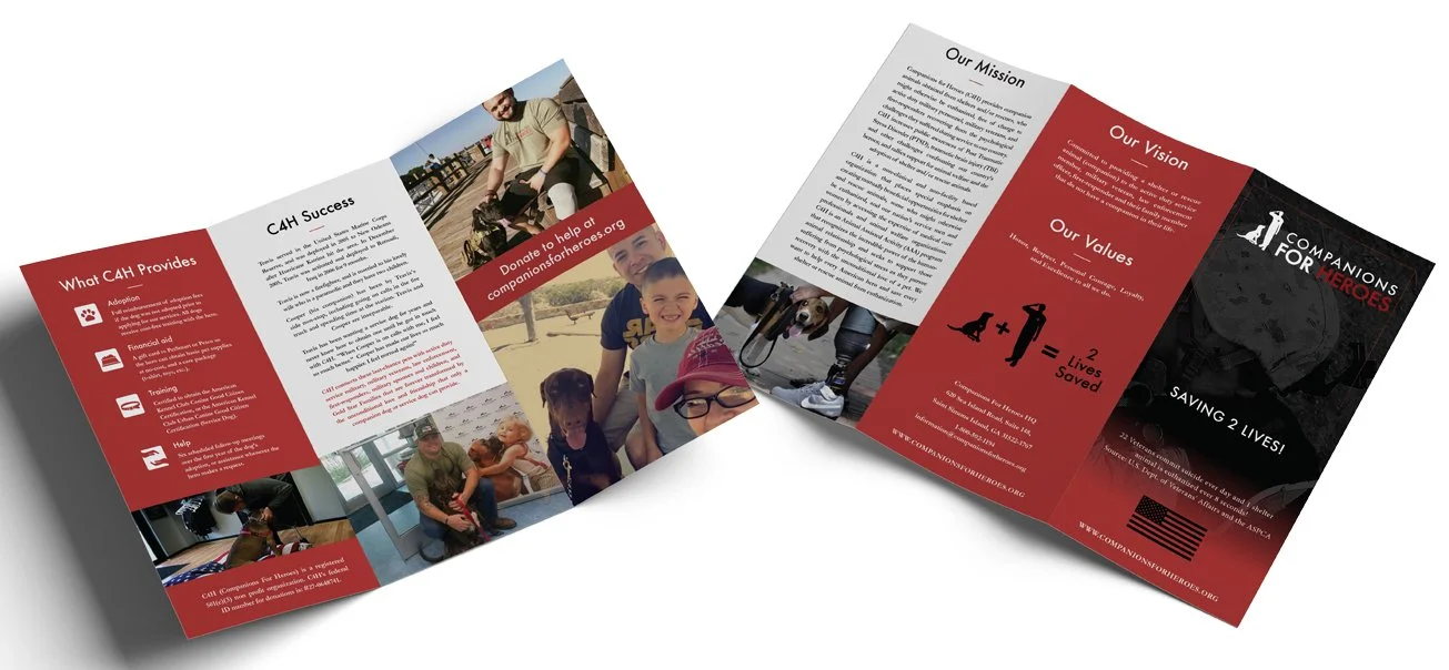 Tri-fold brochure for a nonprofit organization called 'Companions for Heroes' featuring information about their mission, vision, values, and success stories, along with photos of volunteers and service recipients.