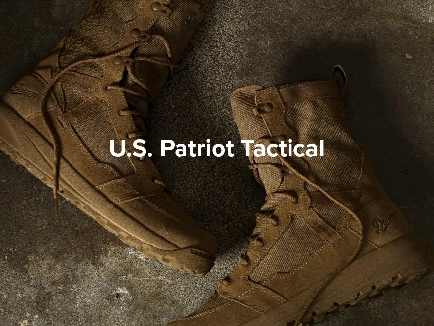 Pair of brown tactical boots on a concrete surface with the text 'U.S. Patriot Tactical' overlaid.