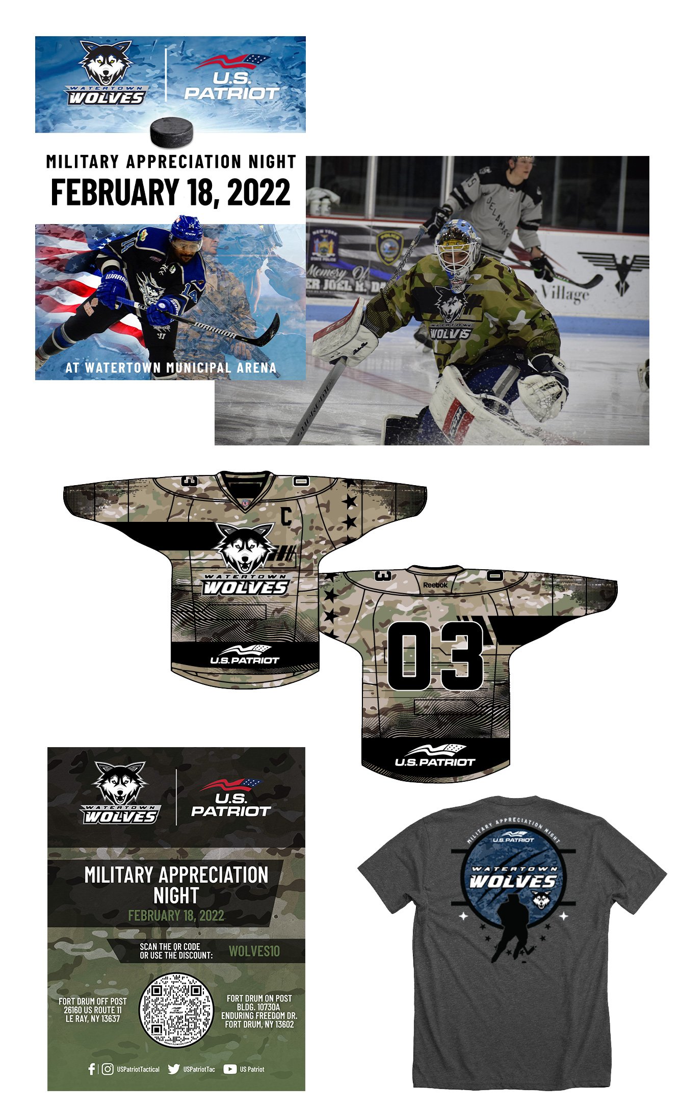 Anniversary promotional material for Watertown Wolves hockey team, U.S. Patriot theme, featuring players in action, team jerseys, and campaign merchandise for Military Appreciation Night on February 18, 2022, including flyers, jerseys, and a T-shirt with team and patriotic logos.