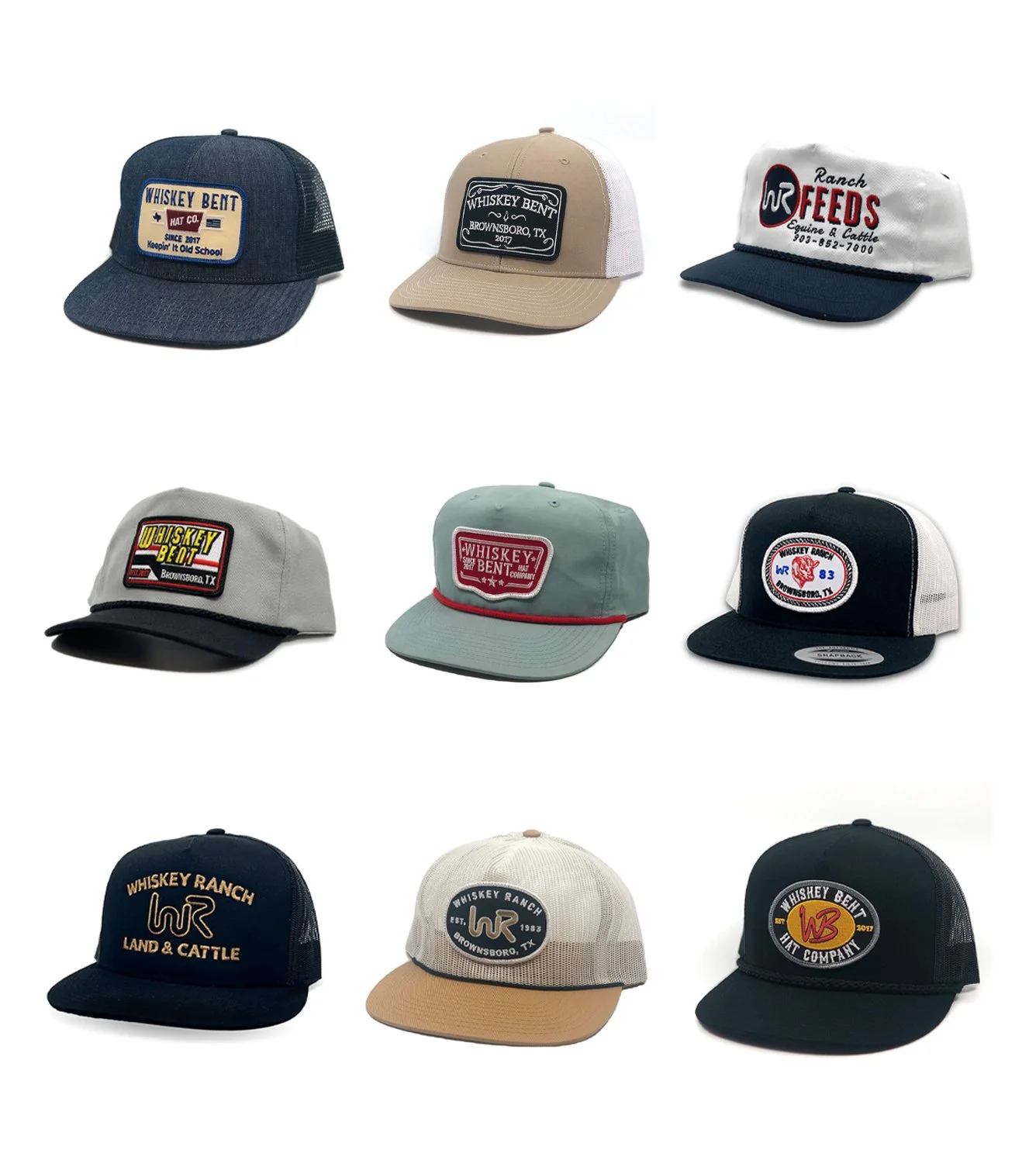 A collection of nine baseball caps with various logos and colors, some featuring vintage or ranch themes, arranged in three rows on a white background.