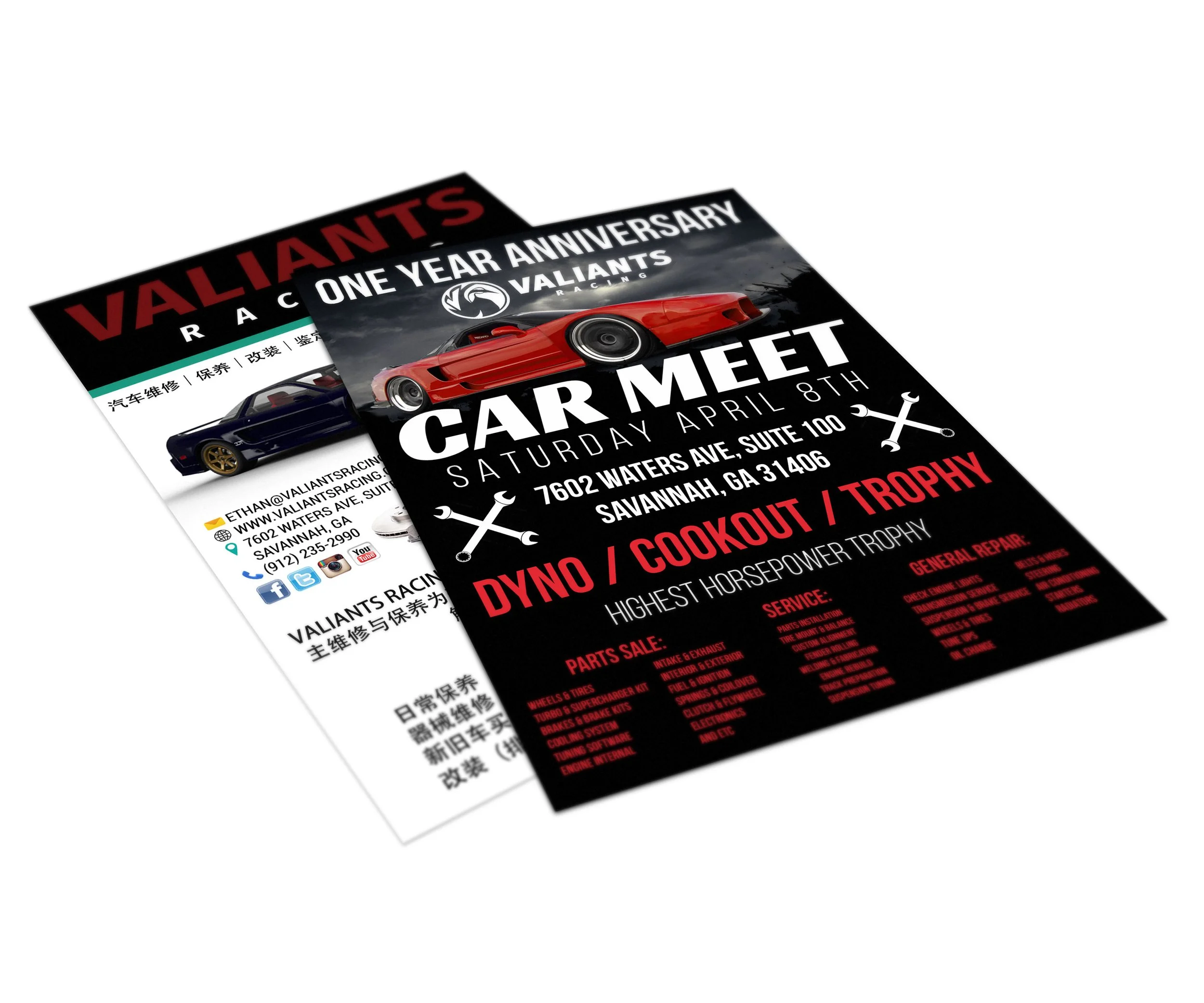 Flyer for Valiante Racing's one-year anniversary car meet event with details and images of high-performance sports cars.