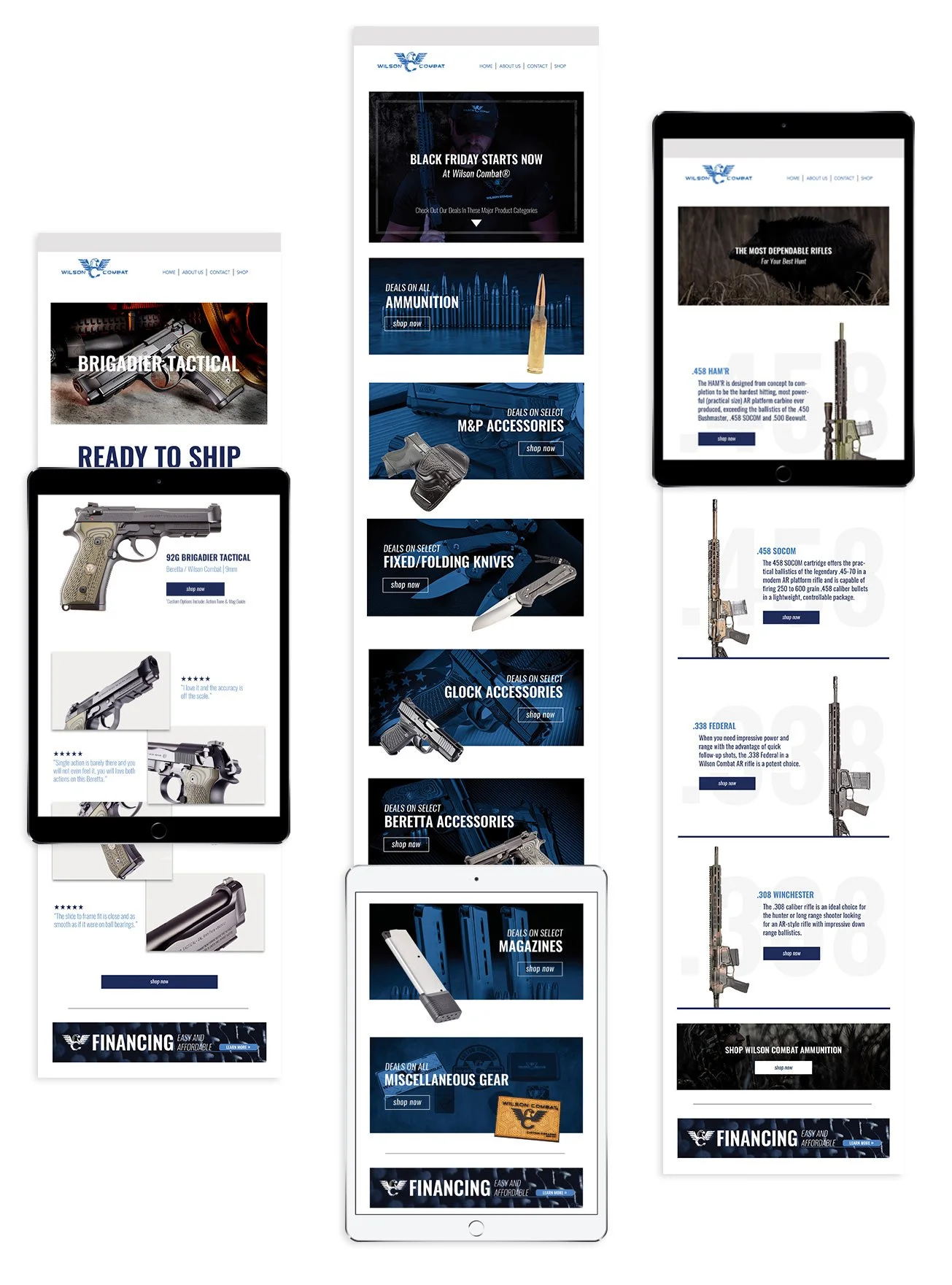 Screenshots of a gun and ammunition online store website displayed on various electronic devices, showcasing different product categories such as rifles, accessories, and magazines, with promotional banners for Black Friday deals and financing options.