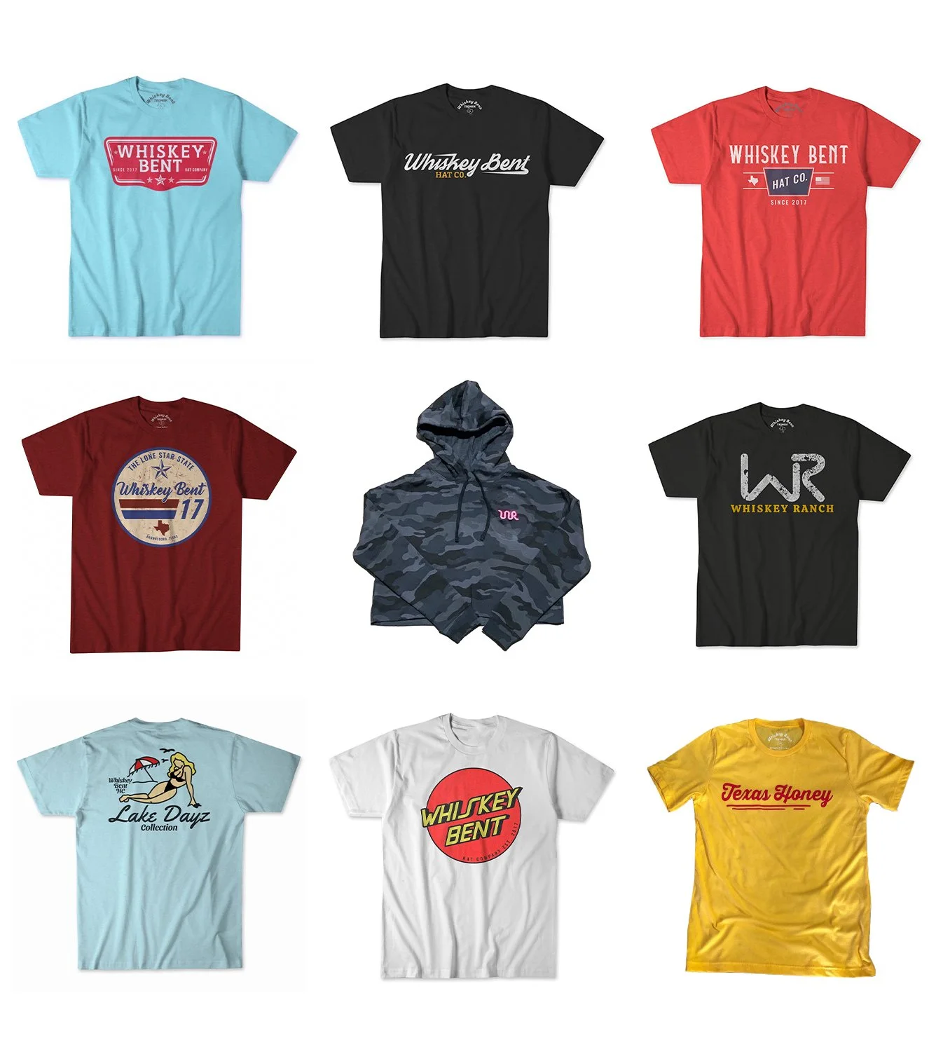 Collection of nine T-shirts and one hoodie, featuring various logos and graphics related to Whiskey Bent and Whiskey Ranch, with different colors including black, red, light blue, white, and yellow.