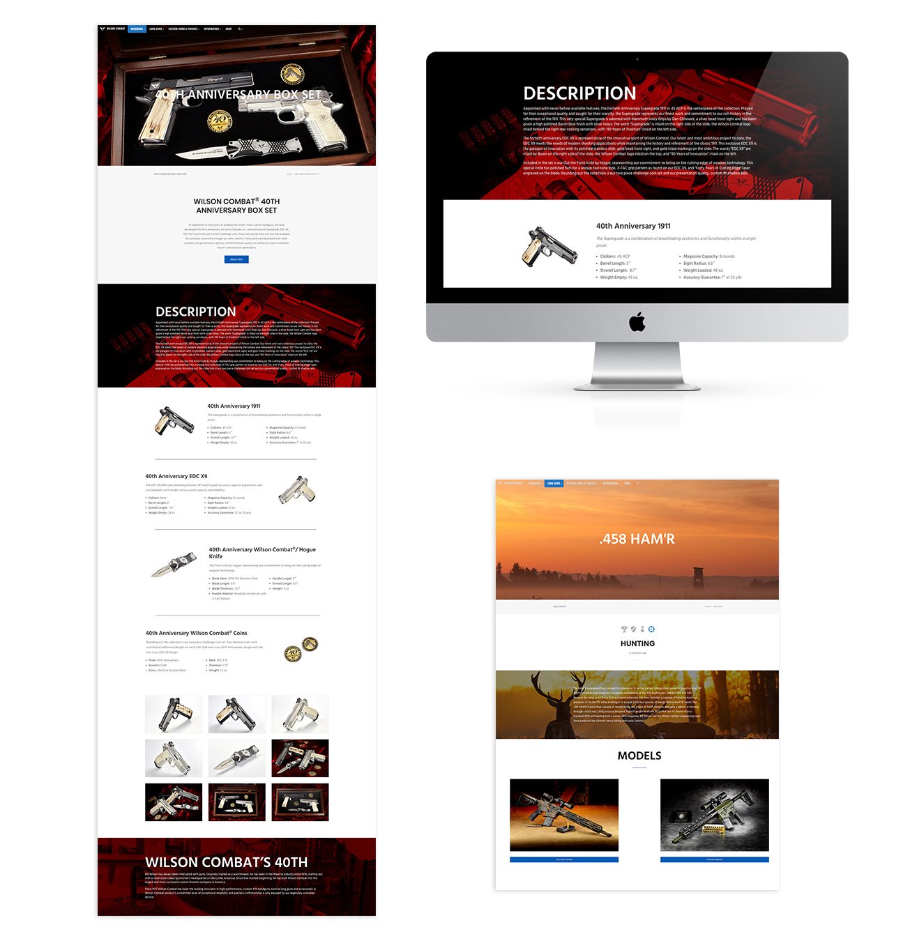 Screenshots of a website displaying various firearms, including pistols, a knife, and a rifle, along with descriptions and images of each item.