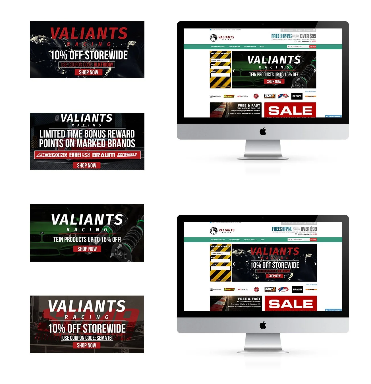 Digital images displaying promotional banners and webpage screenshots for Valiants Racing, highlighting discounts, bonuses, and sale offers on automotive parts and merchandise.
