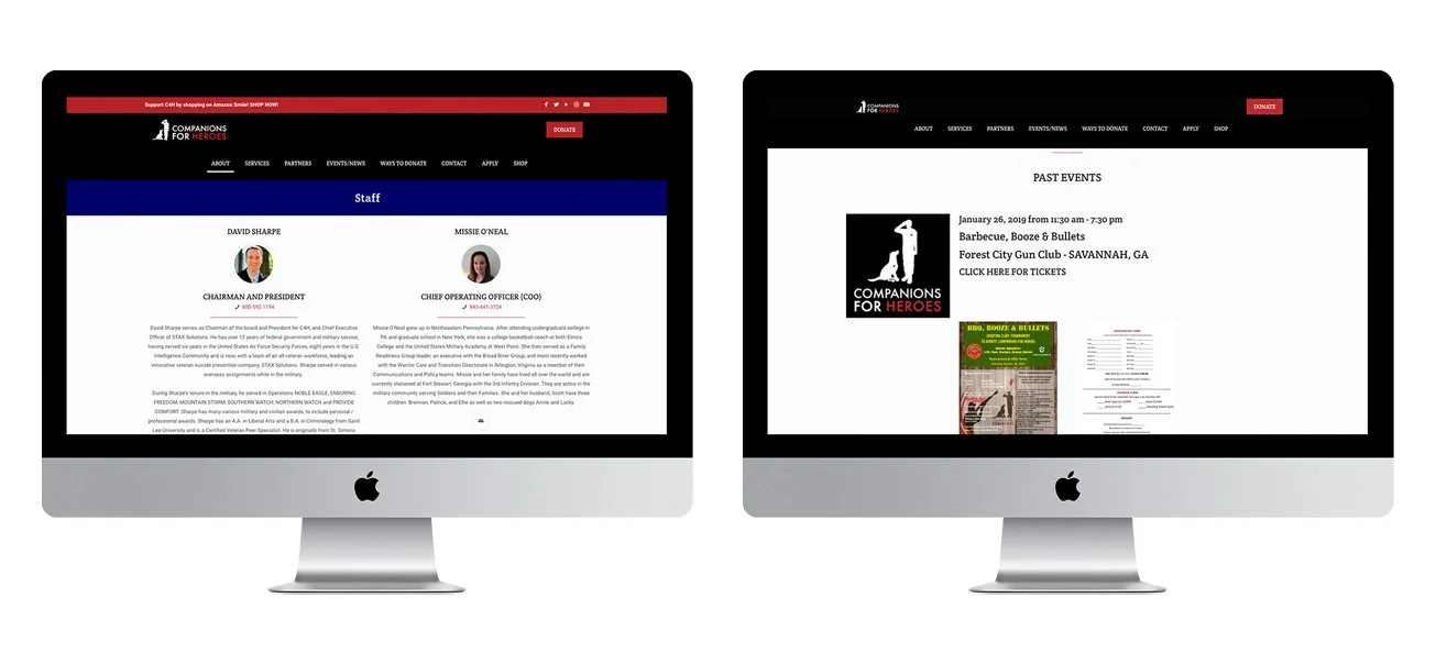 Two iMac computers displaying website pages for 'Companions for Heroes'. The left screen shows a staff page with portraits and descriptions of David Sharpe and Missie O'Neal. The right screen shows a past events page listing an event on January 26, 2019, at Forest City Gun Club in Savannah, GA, including images of event flyers and details.