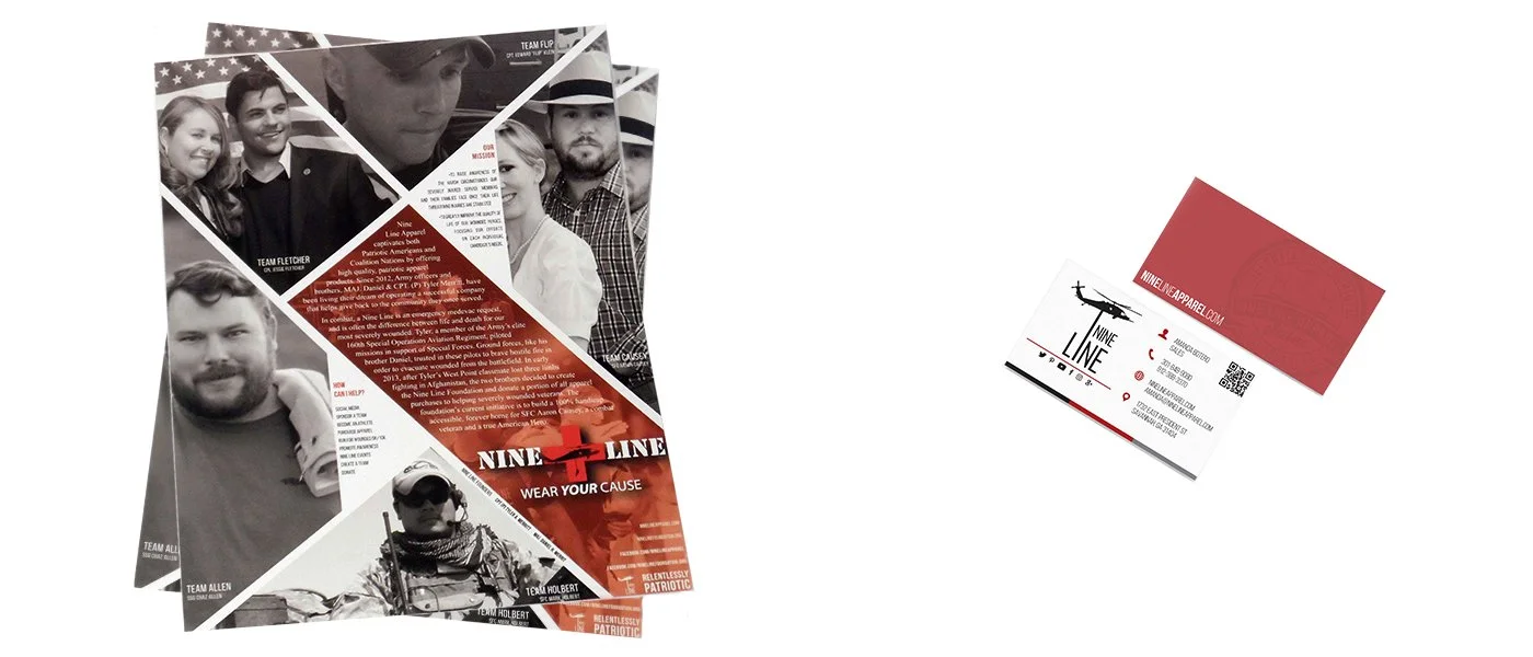 A collection of printed marketing materials for Nine Line, including a folded brochure and a business card, featuring images of people, patriotic colors, and text promoting the brand and cause.