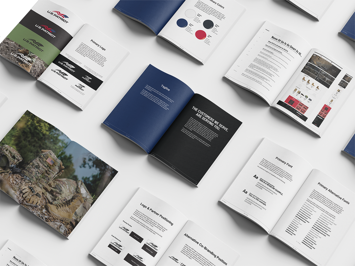 Open branding and marketing booklet showcasing logo designs, color schemes, typography, and product images for U.S. Patriot.