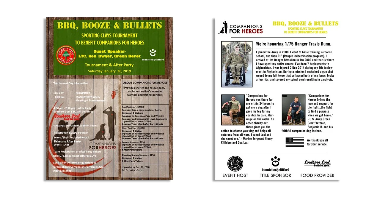Flyer for BBQ, booze, and bullets sporting clays tournament to benefit companions for heroes, taking place on January 26, 2019, with guest speaker LTC Ken Dwyer, green beret, and details for tournament schedule, registration, awards, and donation info. The flyer has a green and brown background with red and white text.