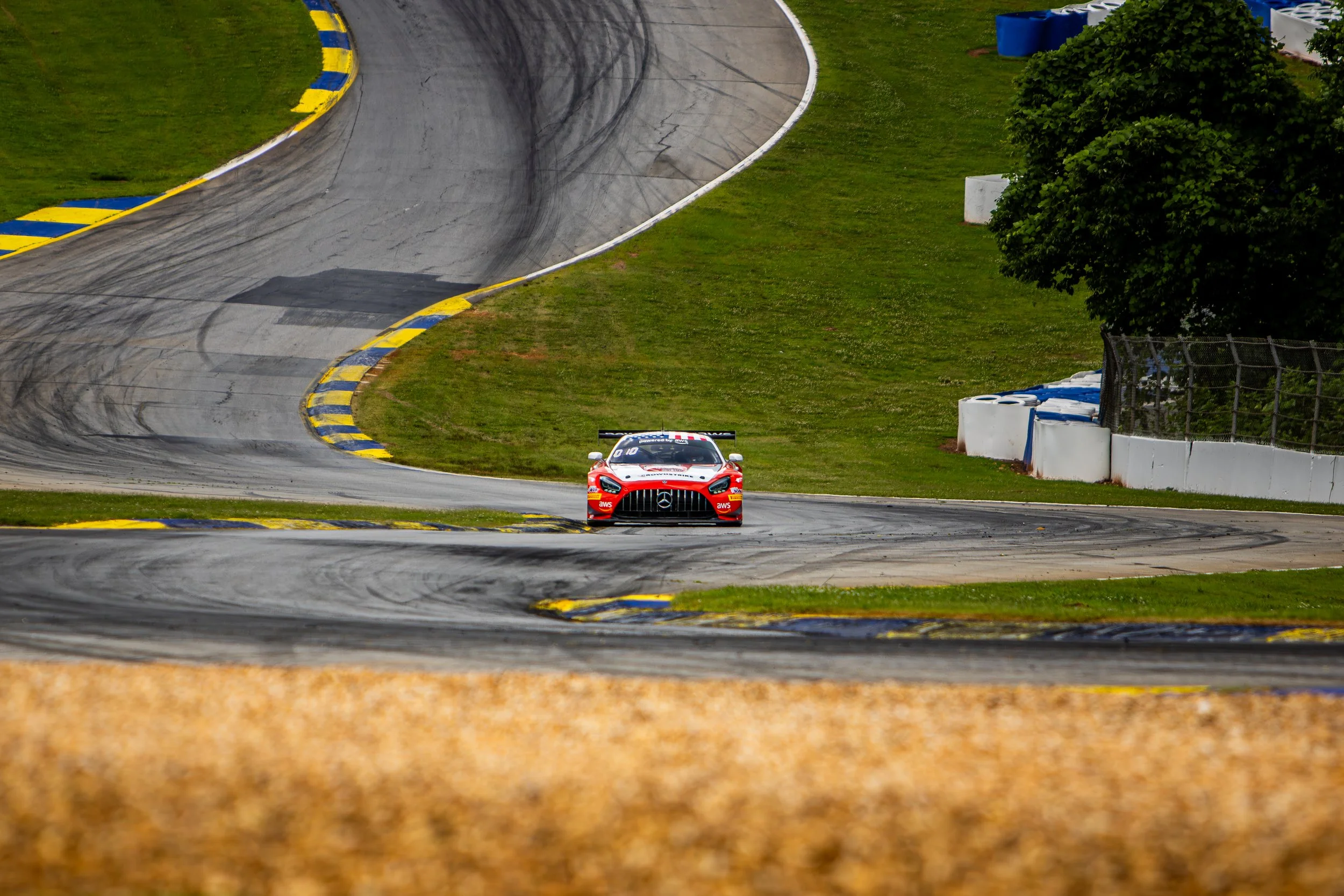 A red racing car on a track, with tire marks and skid marks visible, curving around a bend with grass and trees in the background.
