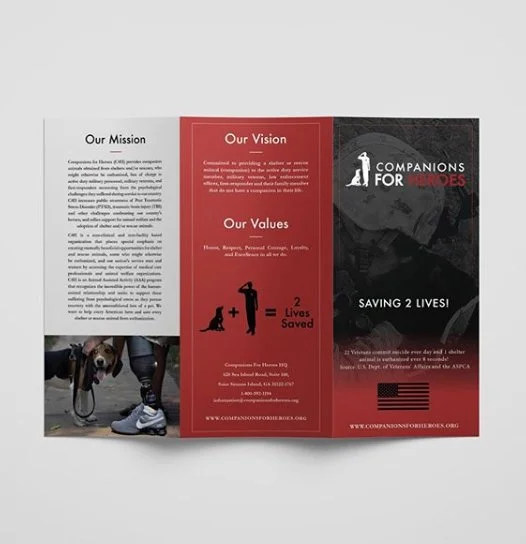 Brochure for Companions for Heroes organization with sections on Mission, Vision, and Values, and an image of a dog with a person, emphasizing saving lives.