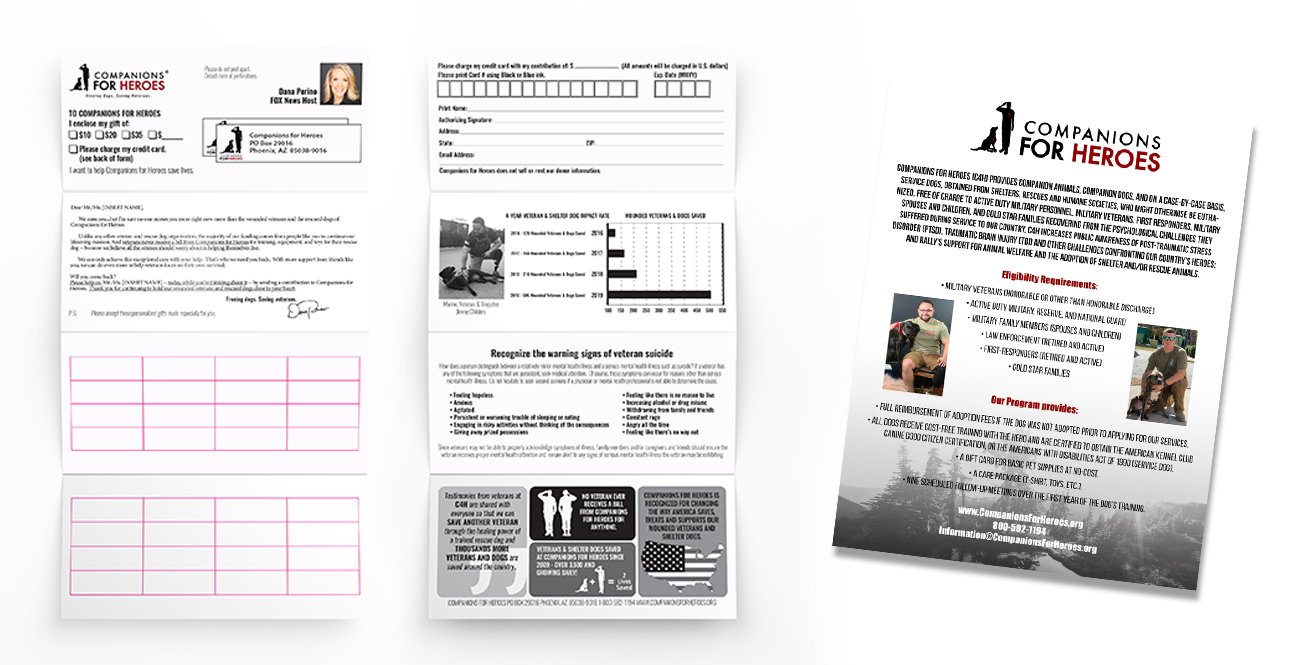 Three flyers for the organization Companions for Heroes, featuring information on veteran support programs, eligibility requirements, and donation details, with images of veterans and dogs.