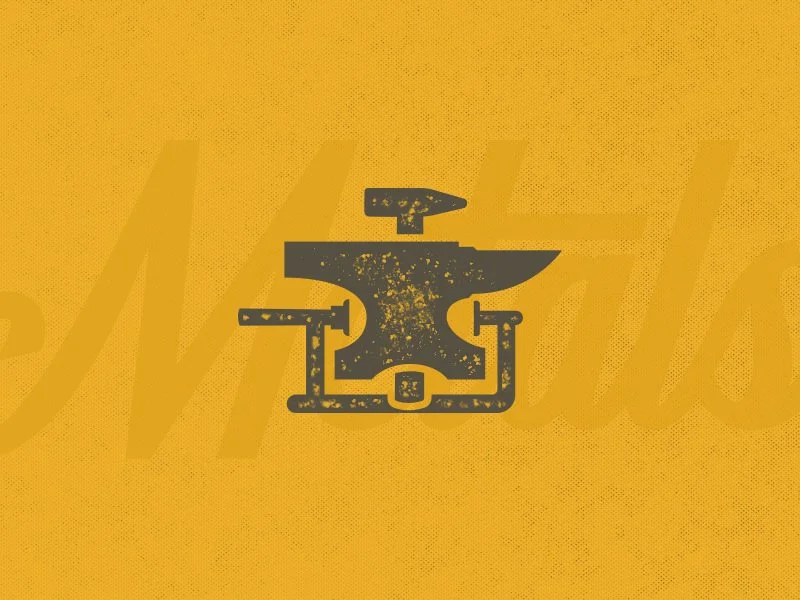 Black anvil with a hammer on top, set against a yellow background with faint, large, stylized text