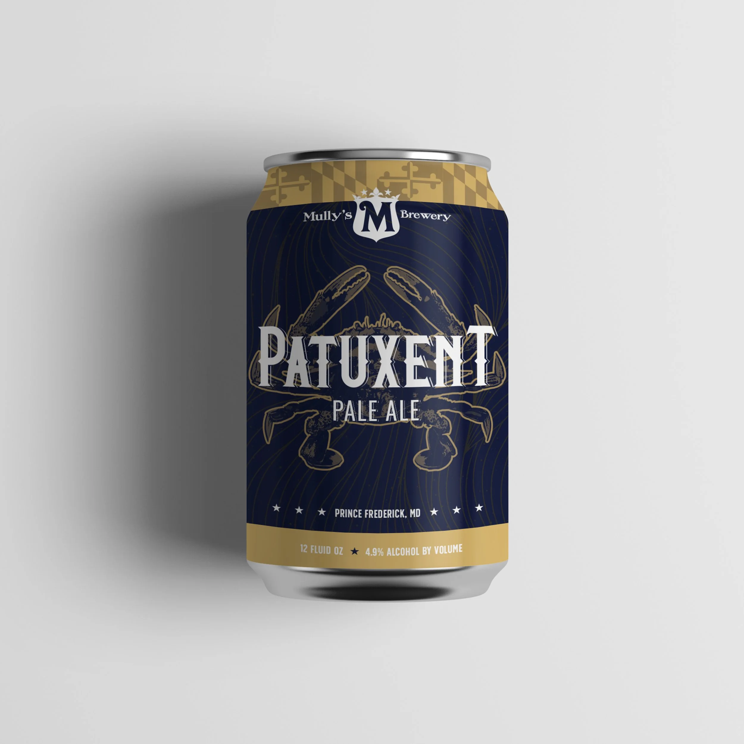 A can of Dissident Pacult Pale Ale from Mully's Brewery, Prince Frederick, Maryland, with a dark blue label and gold accents, featuring illustrations of hop cones.