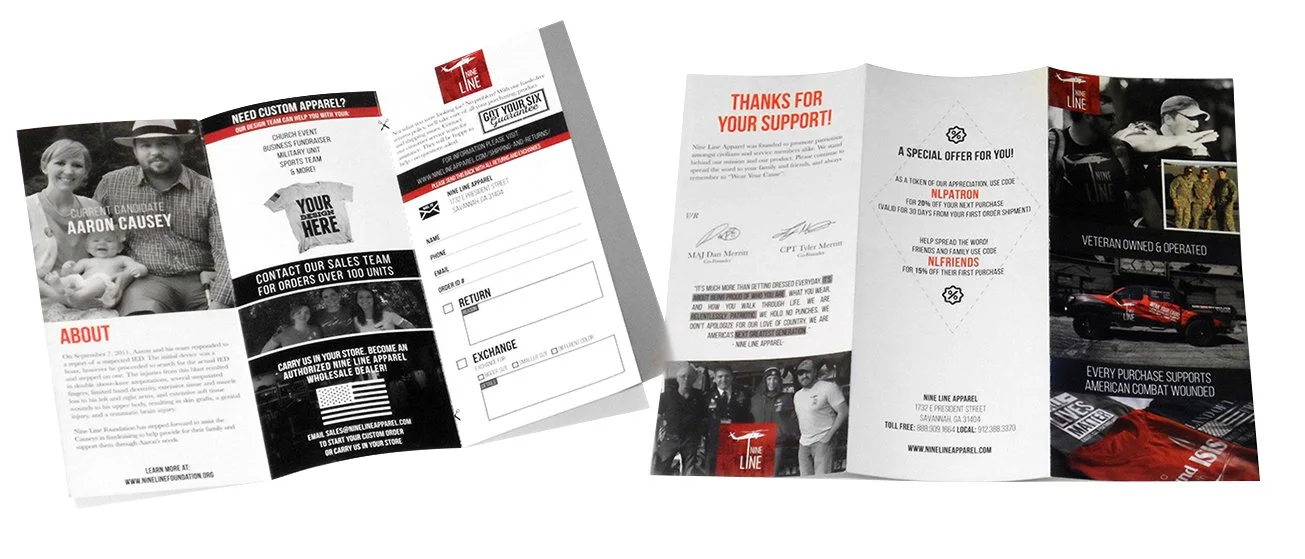 Tri-fold brochure for Nine Line Apparel featuring family photos, military-themed images, and product offerings, with messages of support for veterans and military personnel.