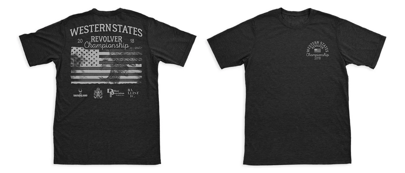 Black T-shirt with logo and text for Western States Revolver Championship 2018, featuring a graphic of the American flag on the back and a small circular logo on the front.