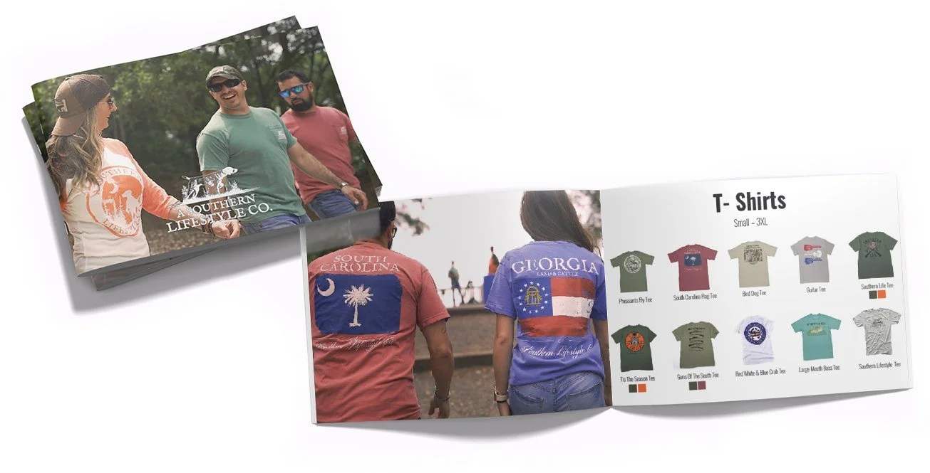 Tourist brochure showing people wearing South Carolina and Georgia T-shirts, with a variety of T-shirt designs including flags, phrases, and graphics.