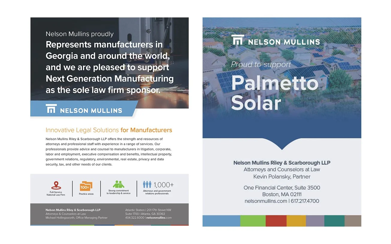 Two informational pamphlets for Nelson Mullins. The left pamphlet promotes legal services for manufacturers, with the Nelson Mullins logo at the bottom. The right pamphlet supports Palmetto Solar, also with the Nelson Mullins logo, and includes contact information for Kevin Polansky in Boston, MA.