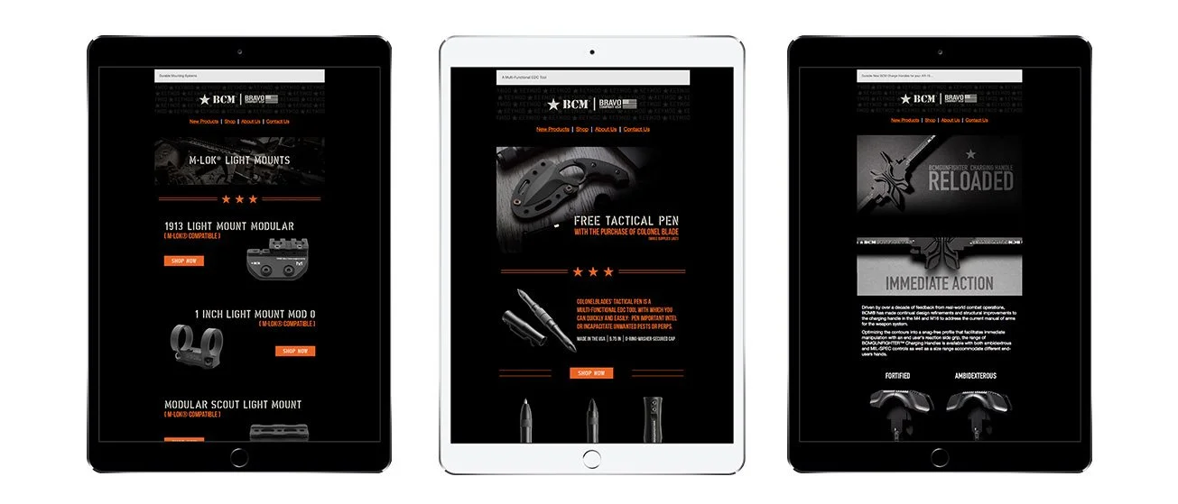 Three tablets displaying different pages of a tactical equipment website, showcasing light mounts, tactical pens, and firearm accessories.