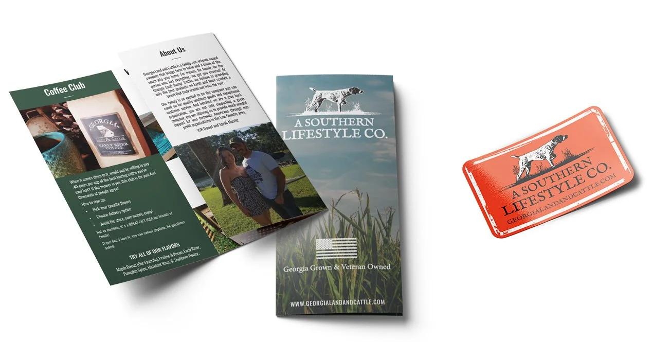 Brochures and a red sticker for A Southern Lifestyle Co., featuring a dog illustration and a website URL, all related to Georgia-based products.