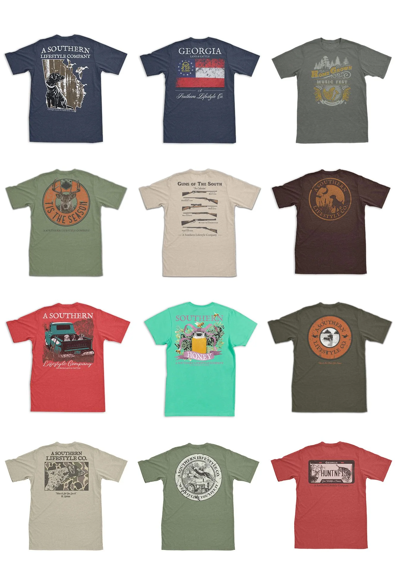 Collection of various graphic T-shirts featuring southern lifestyle themes, including animals, hunting, music fest, and nature scenes.